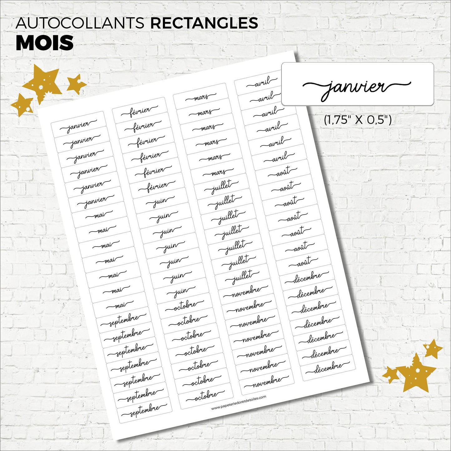Autocollants des mois de l'année - Papeterie d'Or et d'Étoiles