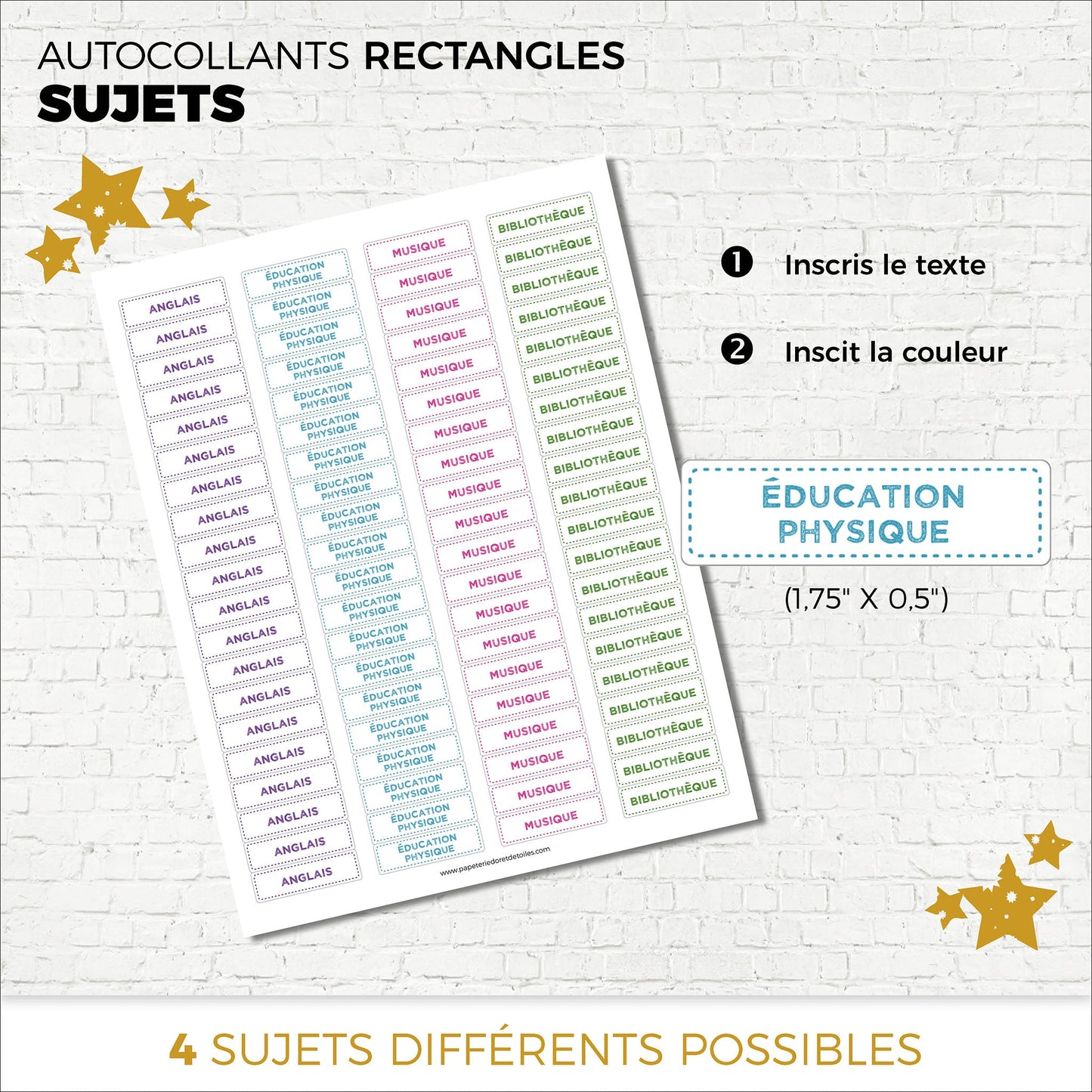 Autocollants SUJETS | Rectangles 1,75 x 0,5 pouces - Papeterie d'Or et d'Étoiles