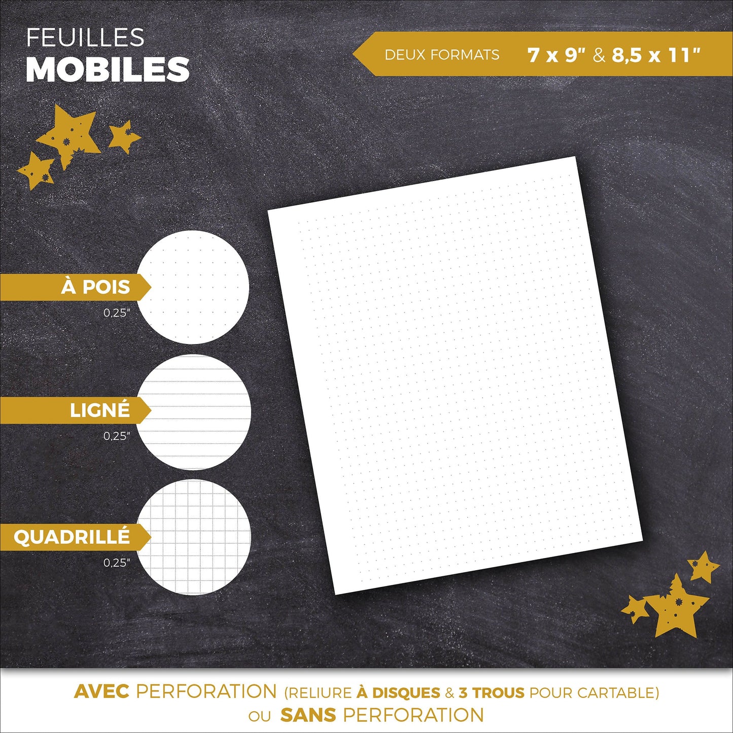Feuilles mobiles (32 feuilles/64 pages) - Papeterie d'Or et d'Étoiles