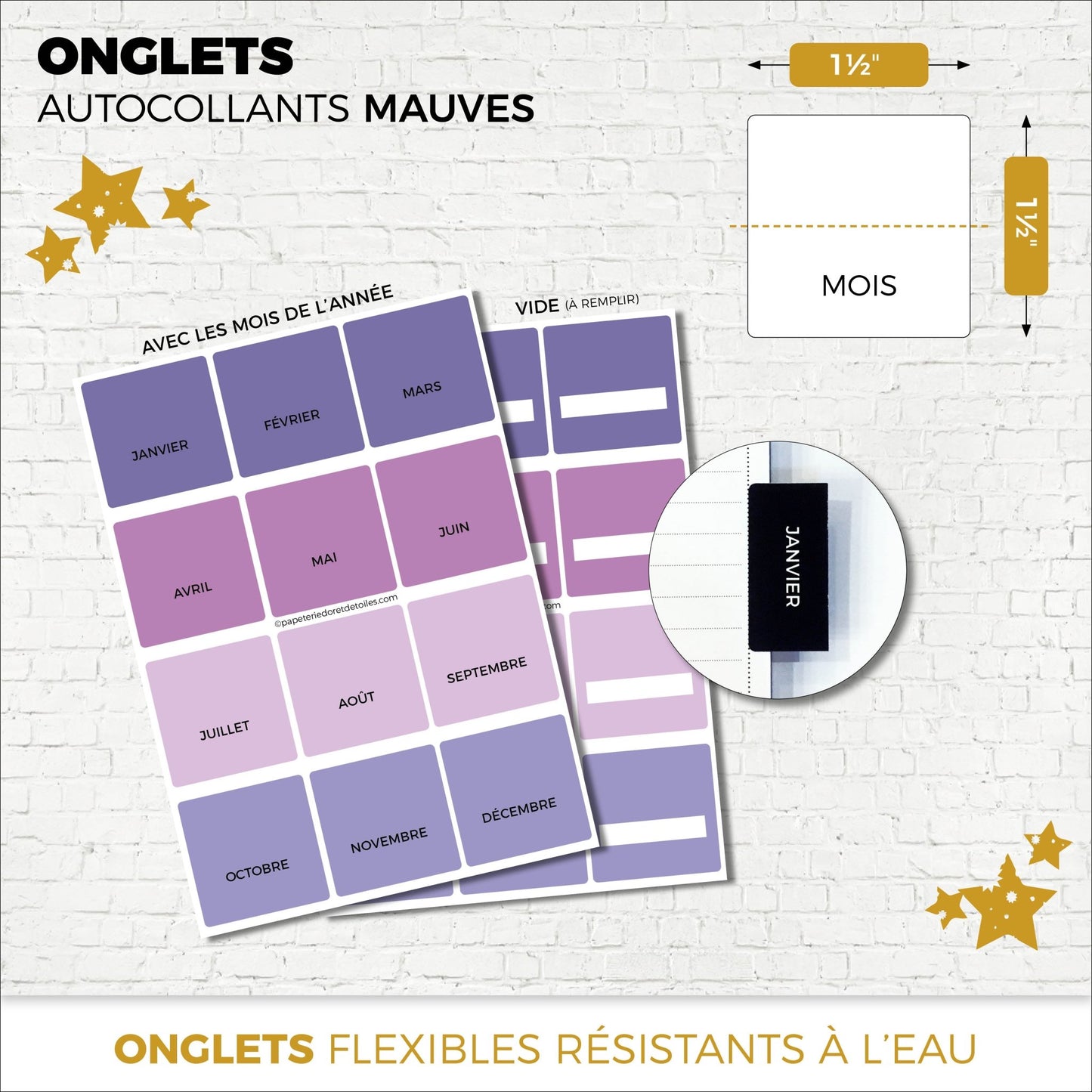 Onglets autocollants mensuels français | MAUVE - Papeterie d'Or et d'Étoiles