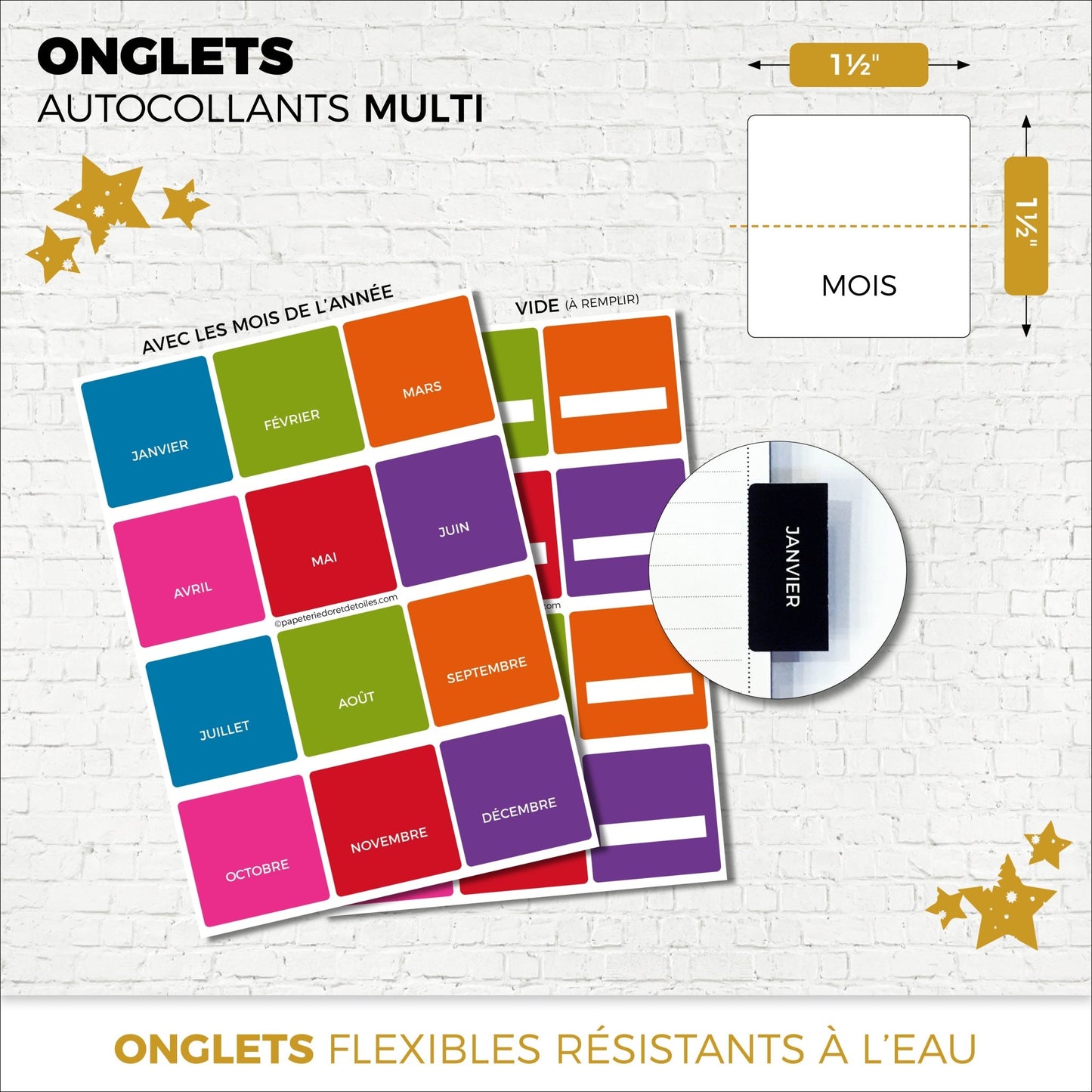 Onglets autocollants mensuels français | MULTI - Papeterie d'Or et d'Étoiles