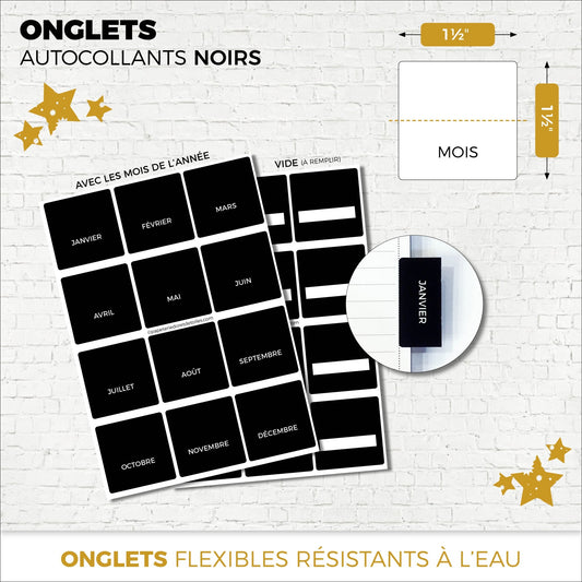 Onglets autocollants mensuels français | NOIR - Papeterie d'Or et d'Étoiles