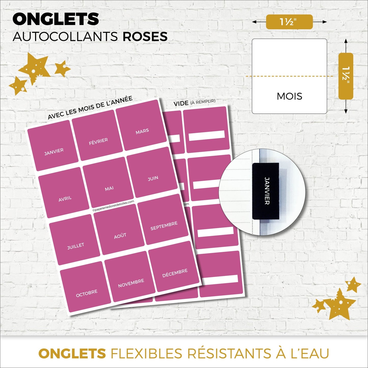 Onglets autocollants mensuels français | ROSE - Papeterie d'Or et d'Étoiles