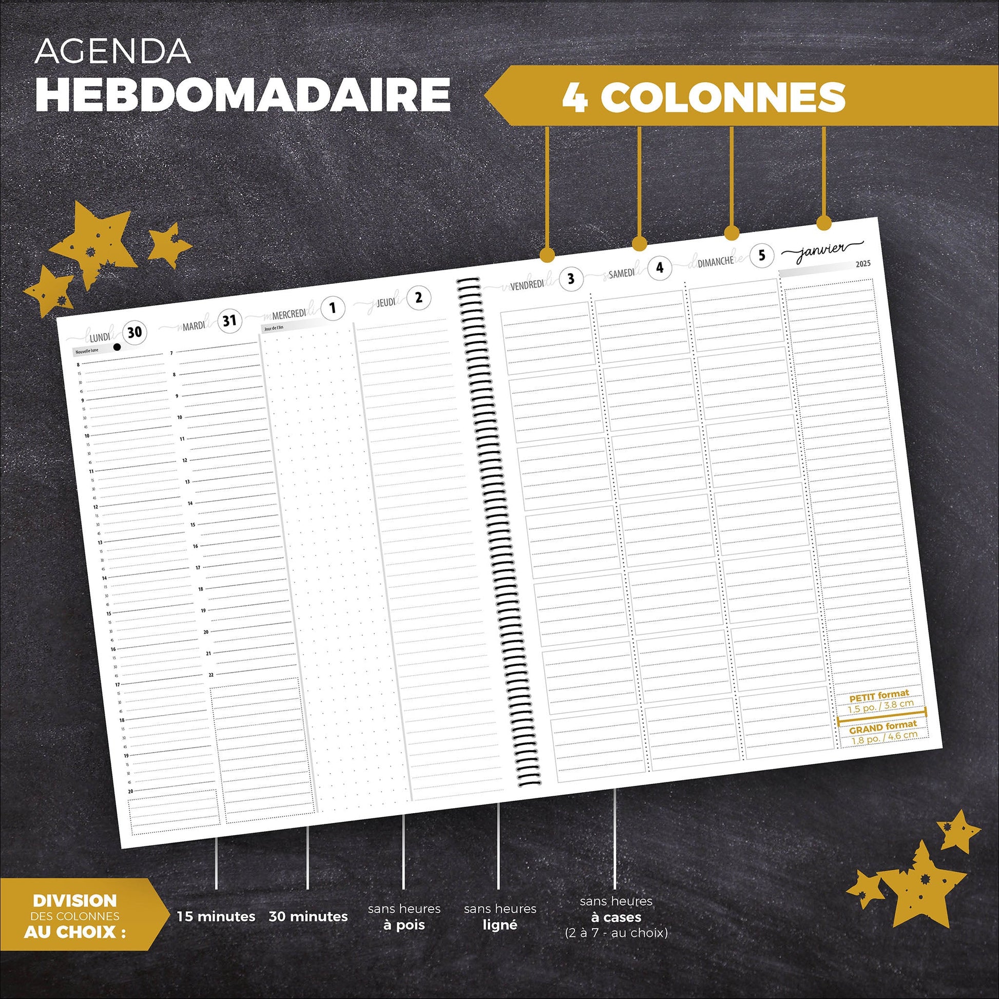 Agenda HEBDOMADAIRE | 4 colonnes - Papeterie d'Or et d'Étoiles