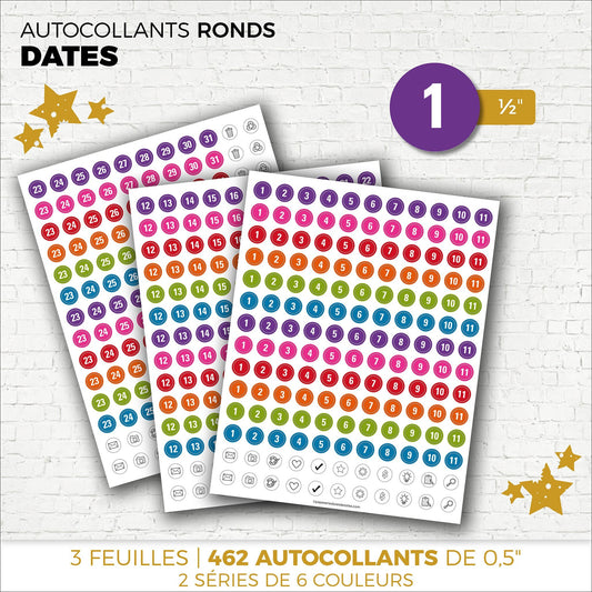 Autocollants DATES | Ronds 0,5 pouces - Papeterie d'Or et d'Étoiles
