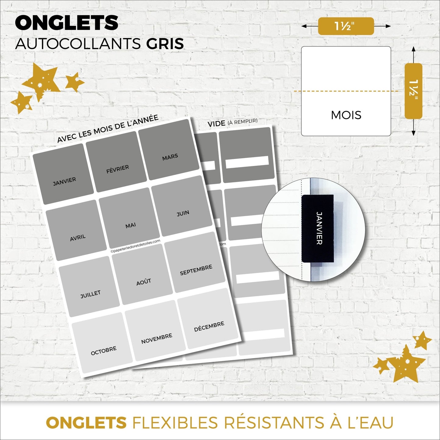 Onglets autocollants mensuels français | GRIS - Papeterie d'Or et d'Étoiles
